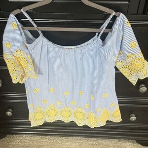 Trendy Boutique Blue and Yellow Embroidered Blouse
